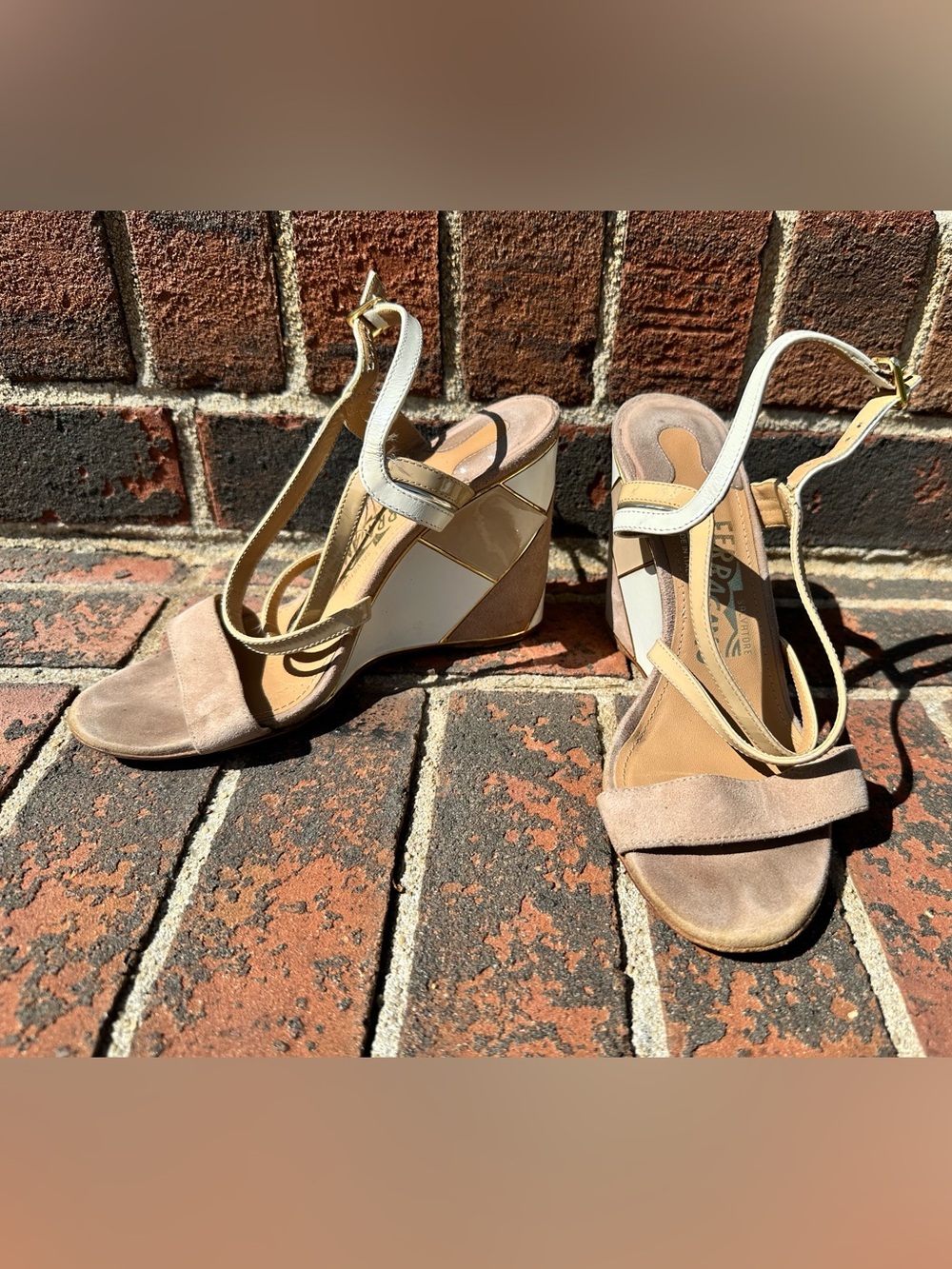 Salvatore Ferragamo Beige and Tan Suede Wedge Sandals
